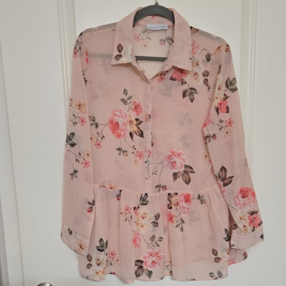 KEREN hart Pink Floral Peplum Button-Front Blouse